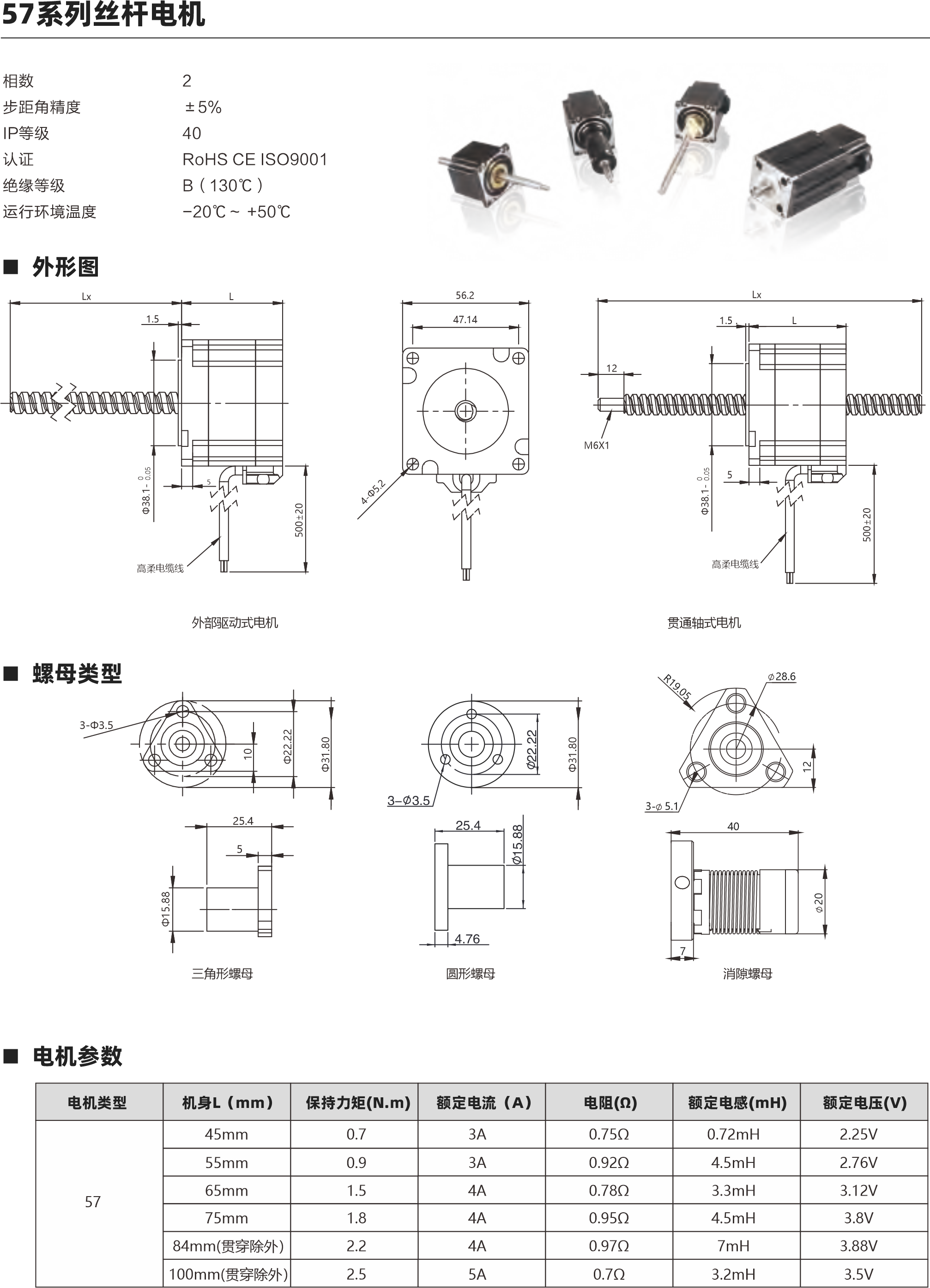 57系列絲桿電機(jī) 57系列絲桿電機(jī) 動(dòng)態(tài)推力曲線圖 外形圖  相數(shù) 步距角精度 IP等級(jí)  認(rèn)證 絕緣等級(jí) 運(yùn)行環(huán)境溫度 2 ±5％ 40 RoHS CE ISO9001 B（130℃） -20℃～ +50℃ 螺母類(lèi)型 電機(jī)參數(shù) 57 45mm 0.7 3A 0.75Ω 0.72mH 2.25V 3A 0.92Ω 4.5mH 2.76V 4A 0.78Ω 3.3mH 3.12V 電機(jī)類(lèi)型 機(jī)身L（mm） 保持力矩(N.m) 額定電流（A） 電阻(Ω) 額定電感(mH) 額定電壓(V) 絲桿參數(shù) 0.375 0.635 0.025 0.003175 9.525 0.02-0.03mm 0.375 1.27 0.05 0.00635 9.525 0.02-0.03mm 0.375 1.5875 0.0625 0.0079375 9.525 0.02-0.03mm 0.375 2.1167 0.083 0.0105835 9.525 0.02-0.03mm 0.375 2.54 0.1 0.0127 9.525 0.02-0.03mm 0.375 3.175 0.125 0.015875 9.525 0.02-0.03mm 0.375 4.232 0.167 0.02116 9.525 0.02-0.03mm 0.375 5.08 0.2 0.0254 9.525 0.02-0.03mm 0.375 6.35 0.25 0.03175 9.525 0.02-0.03mm 0.375 9.525 0.375 0.047625 9.525 0.02-0.03mm 0.375 10.16 0.4 0.0508 9.525 0.02-0.03mm 0.375 12.7 0.5 0.0635 9.525 0.02-0.03mm 0.375 25.4 1 0.127 9.525 0.02-0.03mm 絲桿直徑(inch) 直徑(mm) 導(dǎo)程(mm) 導(dǎo)程(inch) 步長(zhǎng)1.8°(°) 螺母軸向間隙 55mm 0.9 65mm 1.5 75mm 1.8 4A 0.95Ω 4.5mH 3.8V 4A 0.97Ω 7mH 3.88V 5A 0.7Ω 3.2mH 3.5V 2.2 84mm(貫穿除外） 100mm(貫穿除外） 2.5 25.4 5 3-Φ3.5 三角形螺母 外部驅(qū)動(dòng)式電機(jī) 貫通軸式電機(jī) 57系列 45mm機(jī)身 速度與推力曲線 57系列 55mm機(jī)身 速度與推力曲線 脈沖pps 轉(zhuǎn)速rpm 200 60 400 120 600 180 800 240 1000 300 1200 360 1400 420 1600 480 1800 540 脈沖pps 轉(zhuǎn)速rpm 200 60 400 120 600 180 800 240 1000 300 1200 360 1400 420 1600 480 1800 540 1200 1000 800 600 400 200 0 1600 1400 1200 1000 800 600 400 200 0 1.27 2.54 5.08 10.16 25.4 1.27 2.54 5.08 10.16 25.4 1.5 Lx L 高柔電纜線 5 56.2 47.14 M6X1 Lx L 高柔電纜線 1.5 12 5 7 3- 5.1 28.6 40 圓形螺母 消隙螺母 57系列 75mm機(jī)身 速度與推力曲線 脈沖pps 轉(zhuǎn)速rpm 200 60 400 120 600 180 800 240 1000 300 1200 360 1400 420 1600 480 1800 540 2000 1600 1200 800 400 0 2.54 5.08 10.16 12.7 25.4 57系列 65mm機(jī)身 速度與推力曲線 脈沖pps 轉(zhuǎn)速rpm 200 60 400 120 600 180 800 240 1000 300 1200 360 1400 420 1600 480 1800 540 1600 1400 1200 1000 800 600 400 200 0 2.54 5.08 10.16 12.7 25.4 建議負(fù)載上限900N 建議負(fù)載上限900N 建議負(fù)載上限900N 建議負(fù)載上限900N 步進(jìn)直線傳動(dòng)產(chǎn)品制造商 Linear stepper motor provider 步進(jìn)直線傳動(dòng)產(chǎn)品制造商 Linear stepper motor provider 以上曲線是有雙極性 斬波恒流驅(qū)動(dòng) 100%工作電流40Vdc條件進(jìn)行測(cè)試。